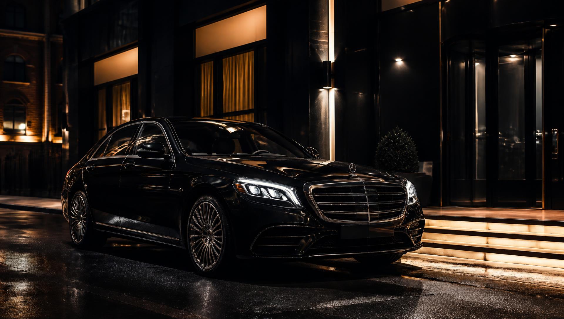 Black luxury chauffeur saloon waiting outside a London residence at night